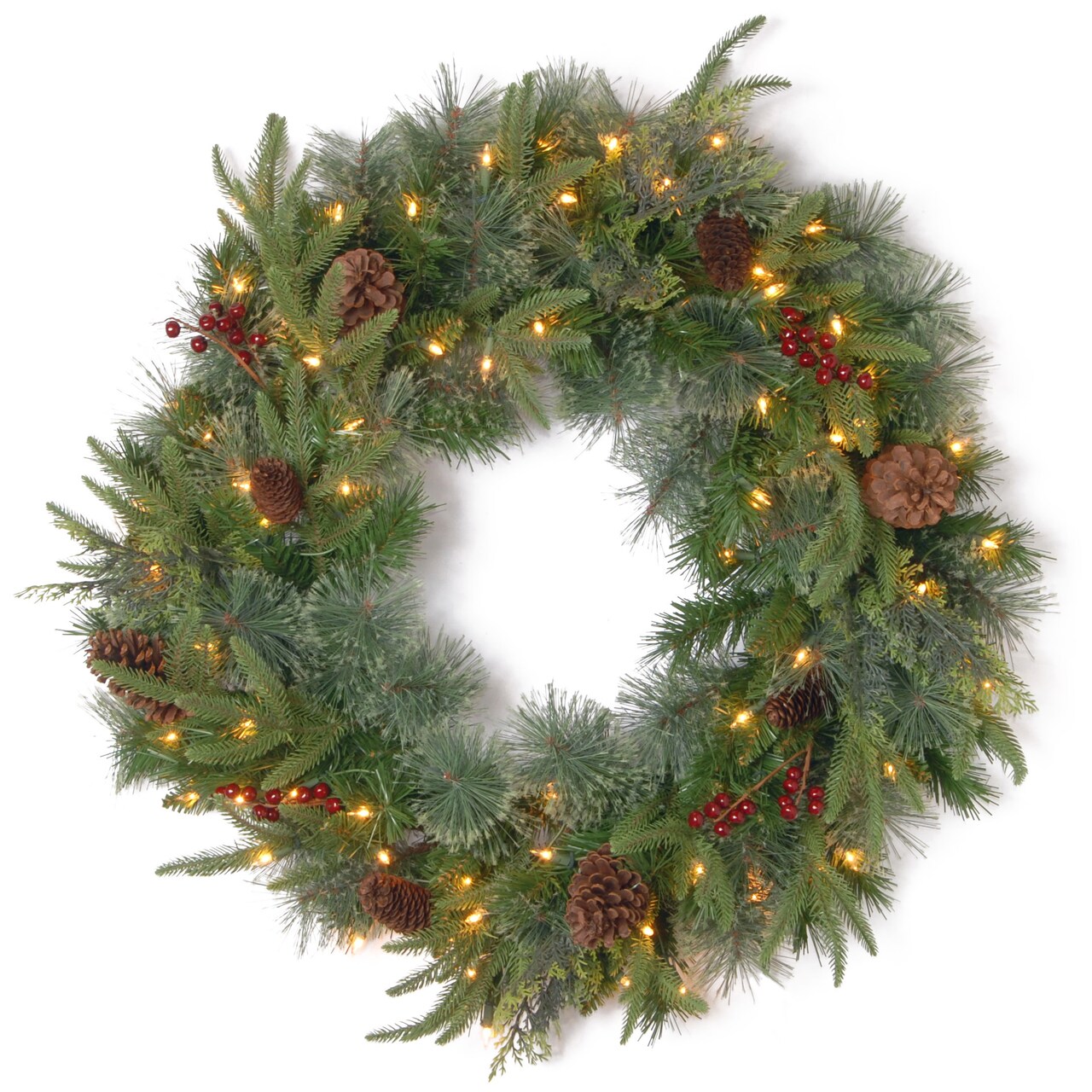 National Tree Company 24" Pre-Lit Artificial Christmas Wreath, Colonial Fir, White Lights, with Pine Cones, Berry Clusters